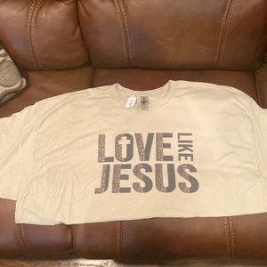 Cream colored T-shirt with a Love Like Jesus on front Black and cheetah print